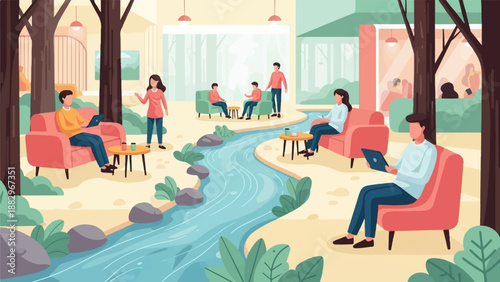 People relax and work near a flowing stream surrounded by trees