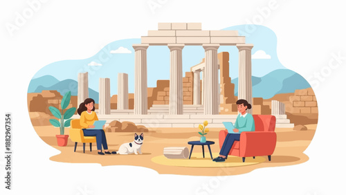 People relax and work near ancient ruins with a dog nearby