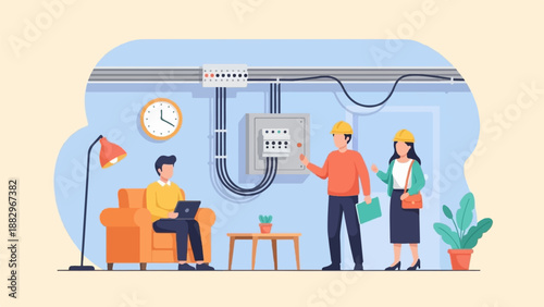 Professionals inspecting electrical panel, one on laptop