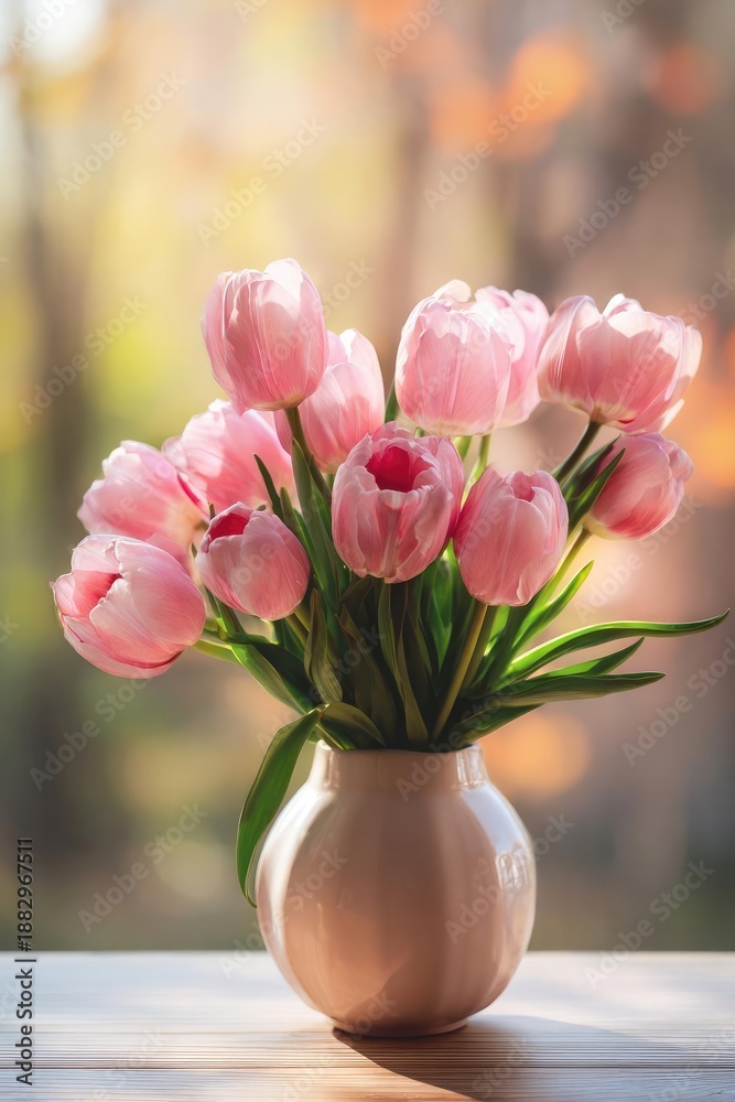 Fototapeta premium Pink tulips in a pale pink vase on a wooden table with a soft, warm blurred background. Concept Floral Still Life, Pink Tulips, Pale Pink Vase, Wooden Table, Warm Blurred Background