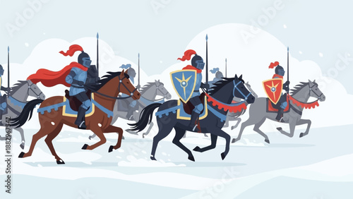 Pixel art of medieval knights on horseback in a snowy landscape