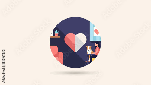 Person and dog sit at table near heart