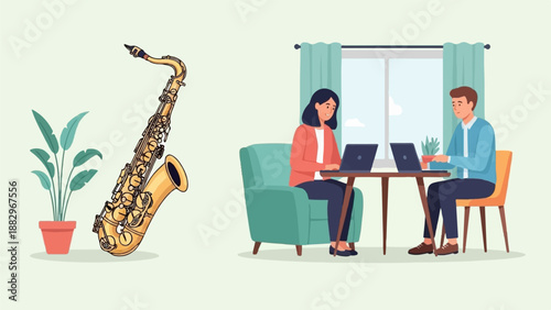 People working on laptops in a room with a saxophone