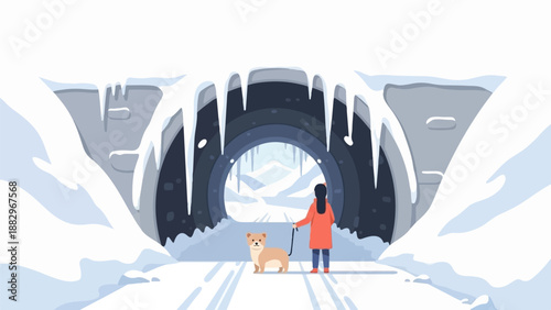 Person and dog walk through snowy tunnel towards mountains