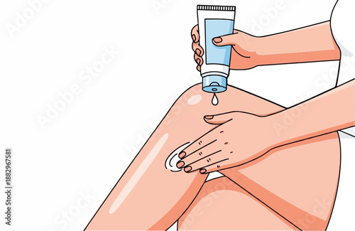 Person applying lotion to leg with a cotton pad and tube