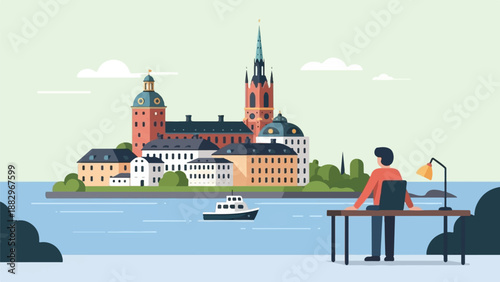 Person at desk overlooks city and water, with boat passing by