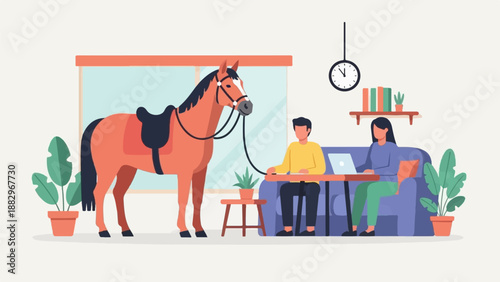 People working on laptops near a horse indoors