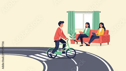 Person cycles near people relaxing indoors