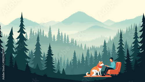 Person feeding dog in forest with layered mountains in background