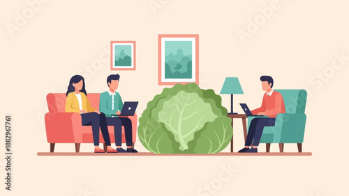 People working on laptops near a large cabbage in a cozy room setting