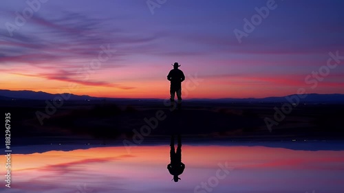 Silhouette Man With Cowboy Hat Standing Reflecting On Calm Water During Vibrant Sunset Sky