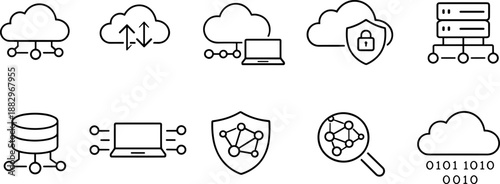 Cloud computing icons set. Upload, download, data storage, security and network outline symbols