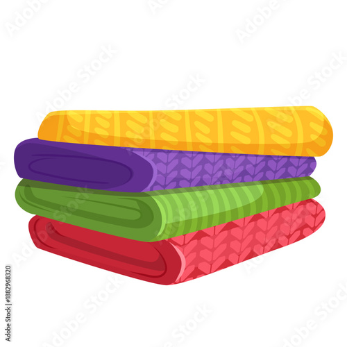 Stack of folded colorful towels with patterns in cartoon style, isolated on white background. Concept of cleanliness and laundry. Vector illustration