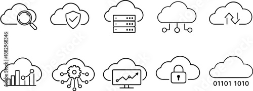 Cloud computing icons set. Upload, download, data storage, security and network outline symbols