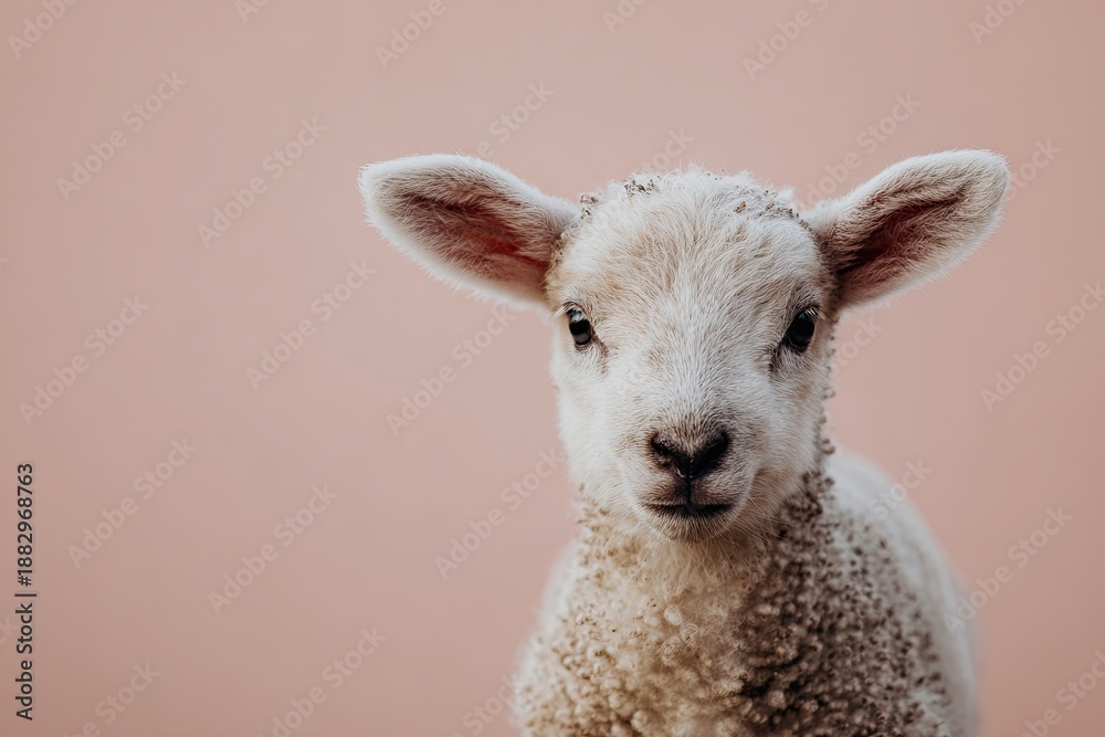 Fototapeta premium Adorable young lamb with fluffy white wool, facing forward, on a soft pink background