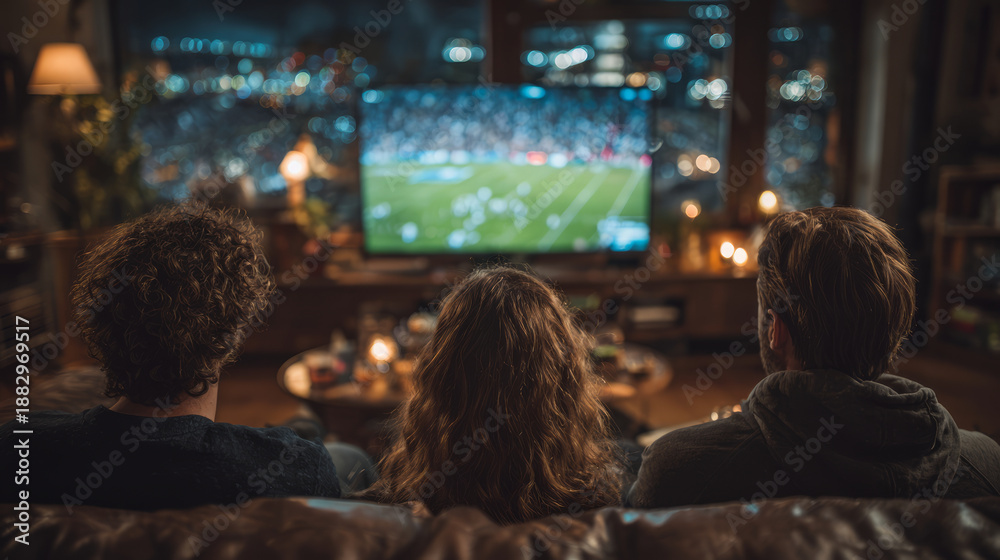 Obraz premium Friends gathered on the couch watching a football game on TV at night