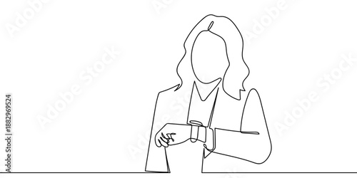 The continuous artistic line a woman checking the time on her wristwatch. One line drawing minimalist Editable stroke.