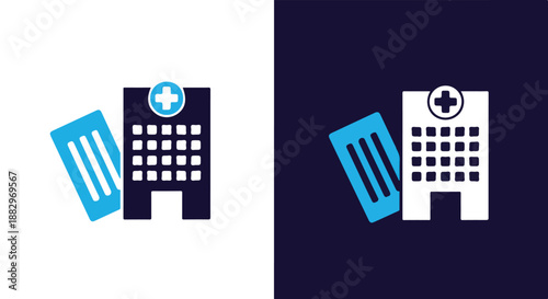 Modern hospital building with medical symbol