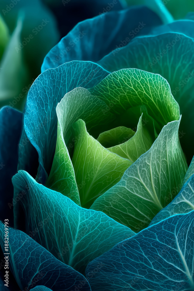 Obraz premium Abstract macro photography of vibrant green and blue cabbage leaves with intricate vein patterns