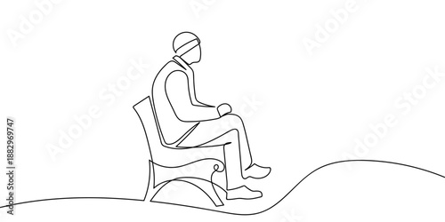 A continuous artistic line drawing of a person sitting on a bench. One line drawing minimalist Editable stroke.