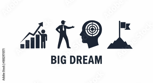 Big Dream Success Icons Including Growth Graph Target Mindset And Mountain Peak Achievement