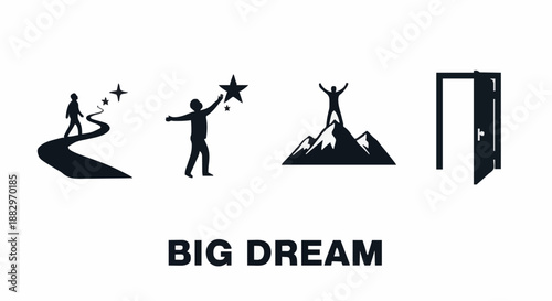 Big Dream motivational icon set featuring a journey path star reaching mountain summit and open door