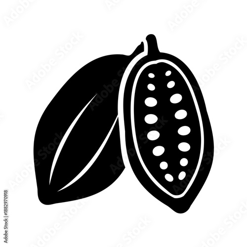 black and white illustration of a cacao pod with seeds inside