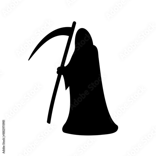 grim reaper silhouette holding scythe in black and white illustration
