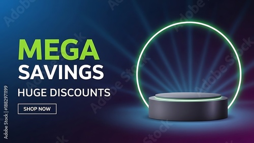 Wallpaper Mural Mega savings and huge discounts promotion with a futuristic neon podium for shopping Torontodigital.ca