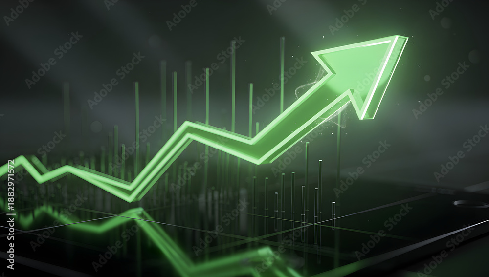 Naklejka premium Neon green rising financial line chart with vertical bars on a dark reflective surface, ending in a bright glowing upward arrow, cinematic tech lighting, AI Generated.