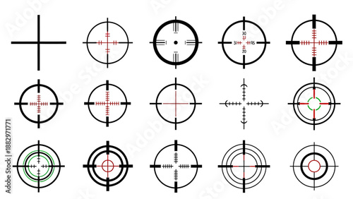 Collection of diverse crosshair reticles for aiming and targeting, representing precision and focus in various applications