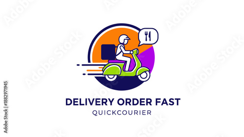 Dynamic food delivery service with a quick courier on a scooter, representing fast order fulfillment and efficient transportation for delicious meals right to your door