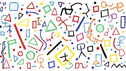 Vibrant Abstract Doodle Pattern with Hand-Drawn Geometric Shapes and Playful Stick Figures on a White Background, Creating a Dynamic and Energetic Design