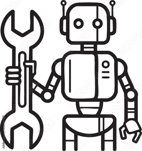 Minimalist line art illustration of a robot character holding a large wrench for technical maintenance and repair concepts.