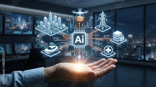 Artificial intelligence revolutionizing modern industries,AI chip connecting smart city,autonomous vehicles,drone delivery,power grid,healthcare,cybersecurity and cloud storage