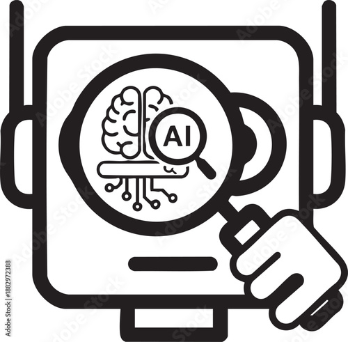 Magnifying glass examining a robotic brain icon representing artificial intelligence research analysis and auditing concepts.