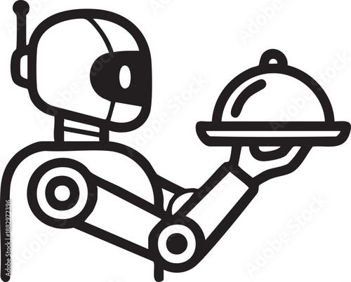 Outline illustration of a robotic waiter holding a serving tray with a cloche representing automation in the service industry.