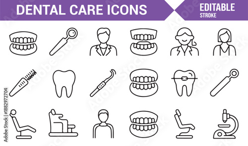 Oral hygiene and dental clinic symbols outline icon pack