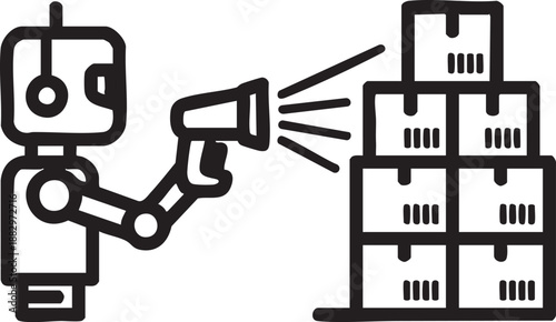 Industrial robot scanning a stack of cardboard boxes to represent logistics automation and warehouse inventory management.