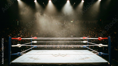 Empty Wrestling Ring in Lit Arena with Crowd 