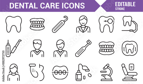 Dentist and dental treatment line icons editable vector