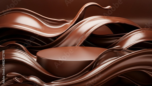 Rich chocolate flows over a round pedestal smooth and glossy texture dark brown background