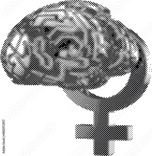 Conceptual halftone illustration symbolizing the profound connection between the feminine mind and intellectual capacity, depicting a brain intertwined with the universal female gender icon