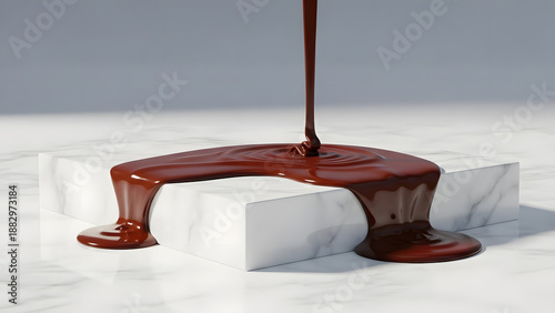 Rich chocolate sauce pouring and flowing over white marble blocks on a clean surface