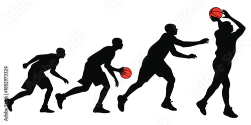 Sequence of a basketball player dribbling the ball and moving toward a final jump shot execution in a dynamic progression.