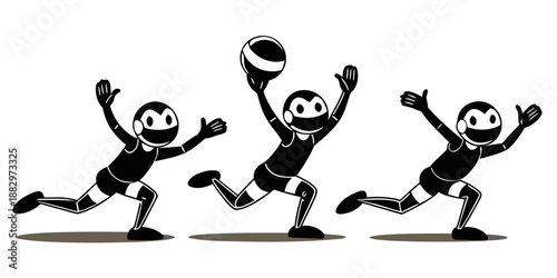 Animated character illustrates three distinct stages of catching or passing a ball in a repetitive athletic drill sequence.