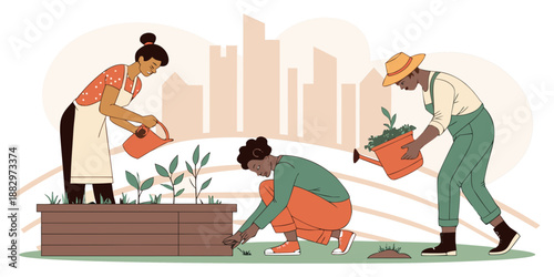 Urban gardeners tend to raised garden beds in a city park setting, demonstrating sustainable food production close to metropolitan areas.