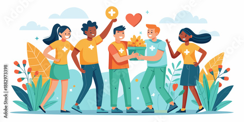 Happy volunteers exchange a full container of harvested goods, celebrating successful charity work and community support.