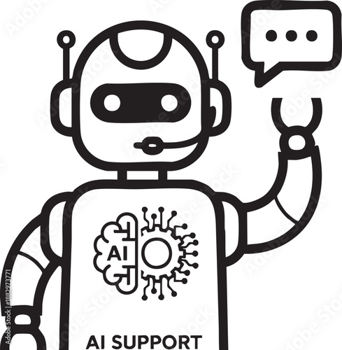 Artificial intelligence support bot with headset and speech bubble for customer service and virtual assistant concepts.