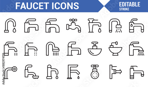 Water faucet outline icon pack for home utilities